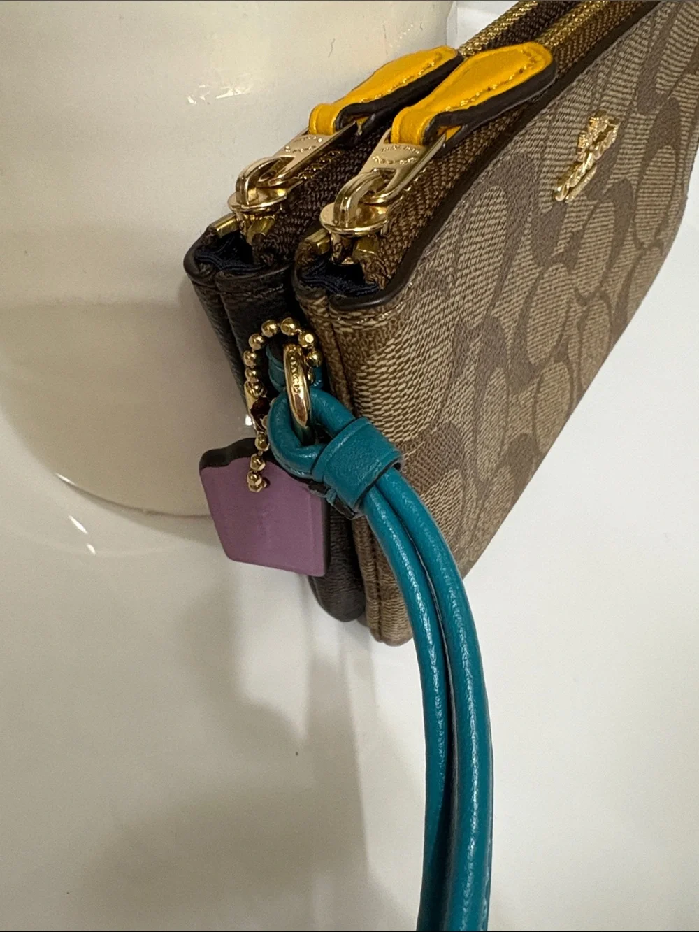 Coach Double Corner Zip Wristlet Signature Canvas Khaki Brown Multi NWT